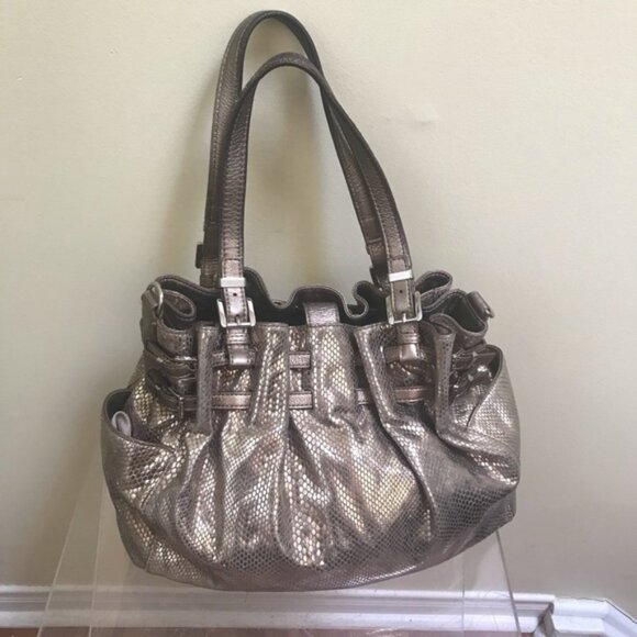 Michael Kors Leather Snake Print Gold Shoulder Hobo Bag Satchel Pockets Neutral - Picture 2 of 16